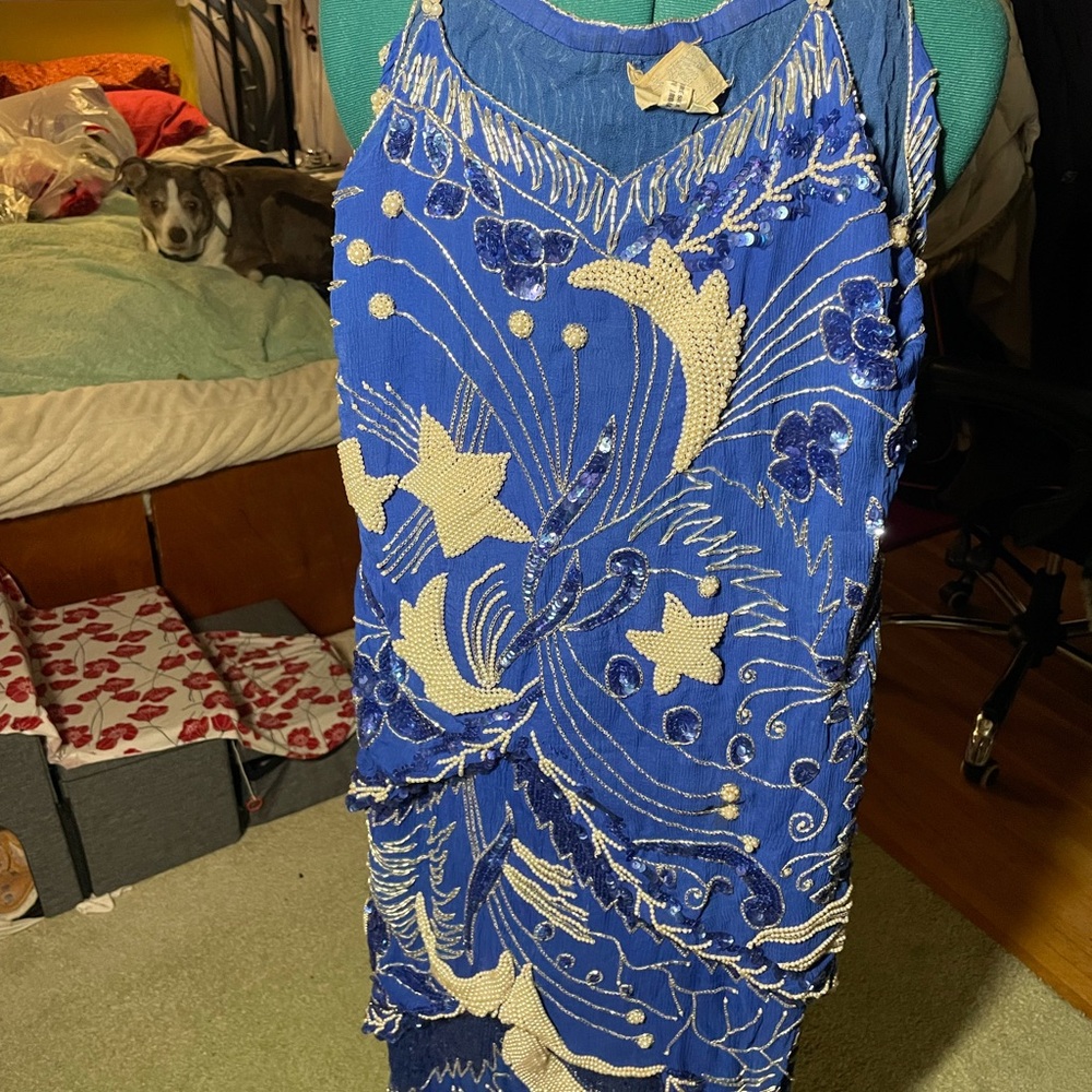 100% silk St. Vini collections vintage blue beaded dress